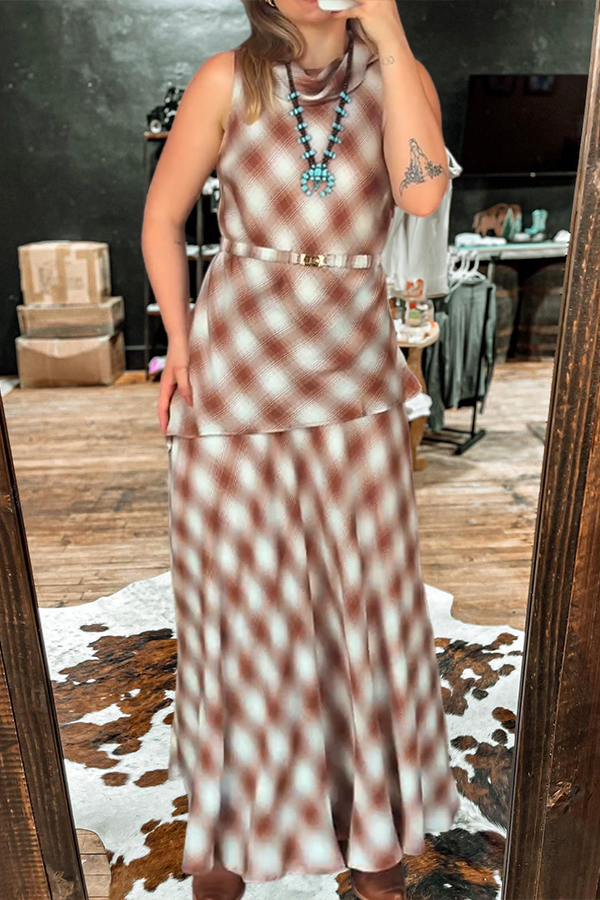 Flowy Gradient Plaid Layered-Waist Belted Dress