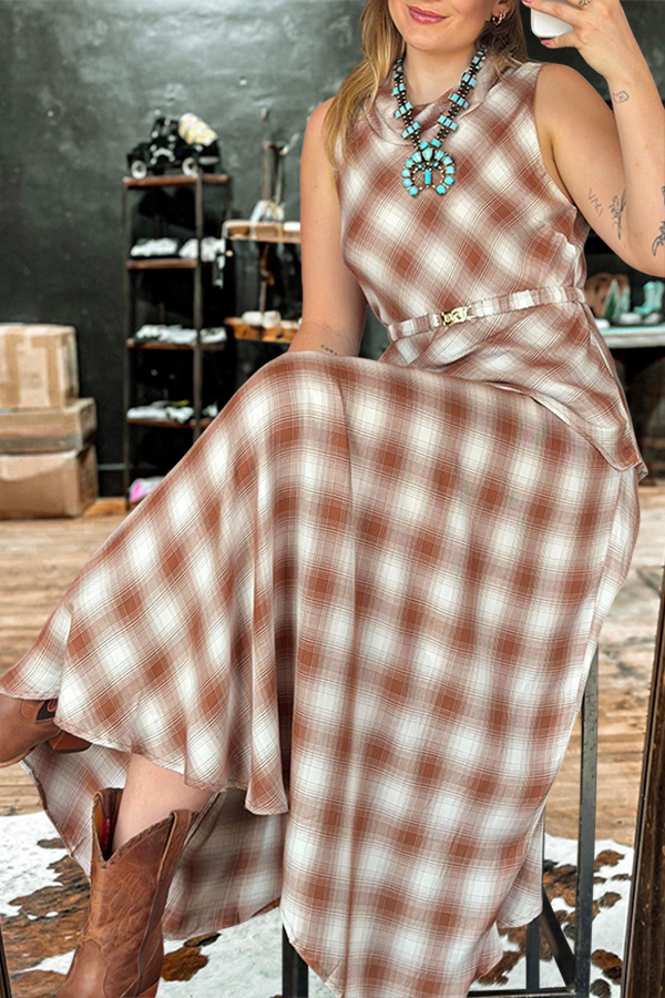 Flowy Gradient Plaid Layered-Waist Belted Dress