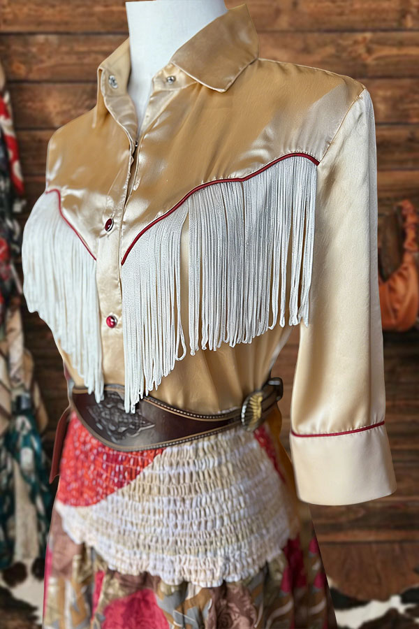 Gold Draped Satin Tassels Mid-Length Sleeves Shirt