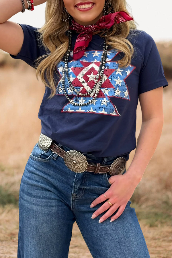 Distressed Aztec USA Flag Crewneck Tee