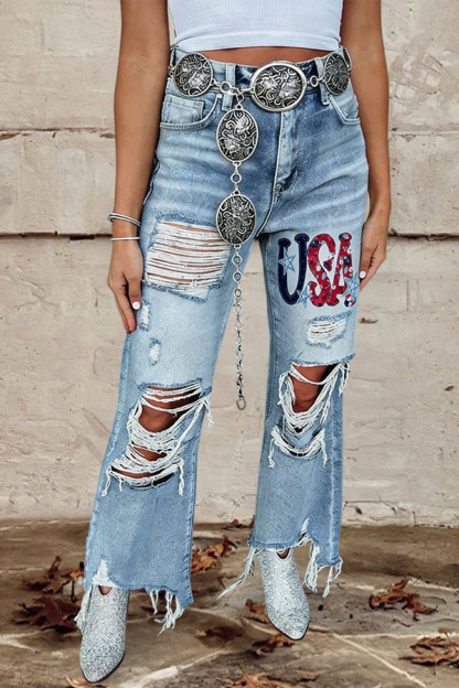 Distressed Ripped USA Flag Cropped Flare Jeans