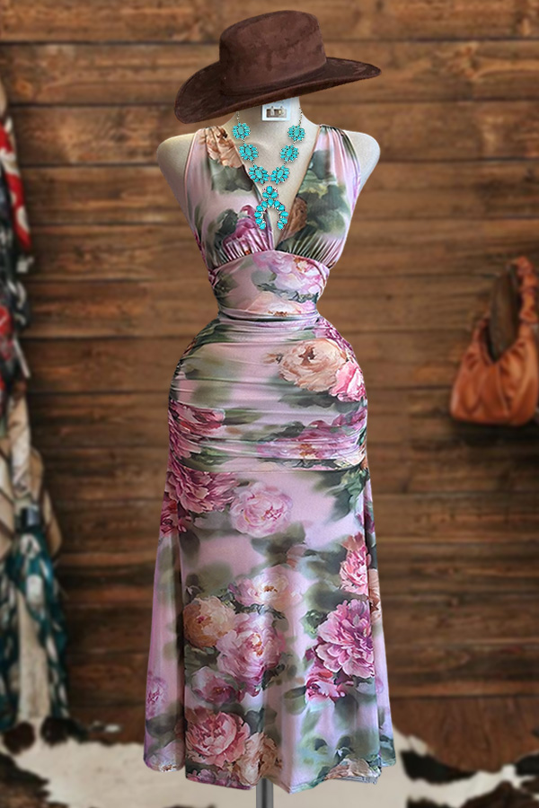 Charming Sexy Floral V-Neck Midi Dress