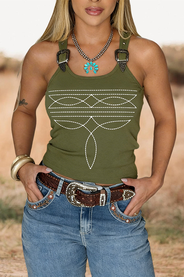 Western Boot Stitching Print Adjustable-Strap Tank Vest