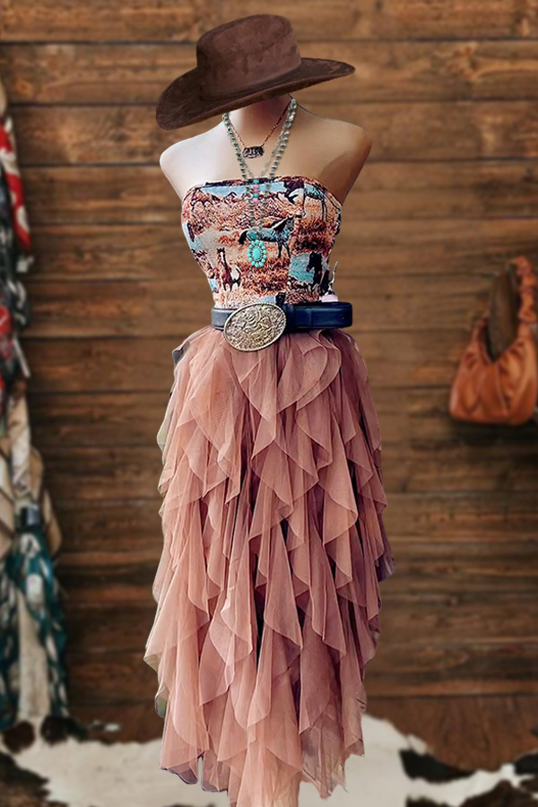 Cowgirl Sexy Mesh Ruffled Strapless Midi Dress