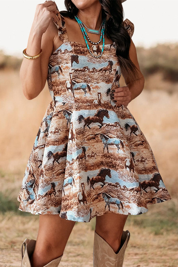 Cowgirl Ruched Ruffle-Sleeve Mini Dress