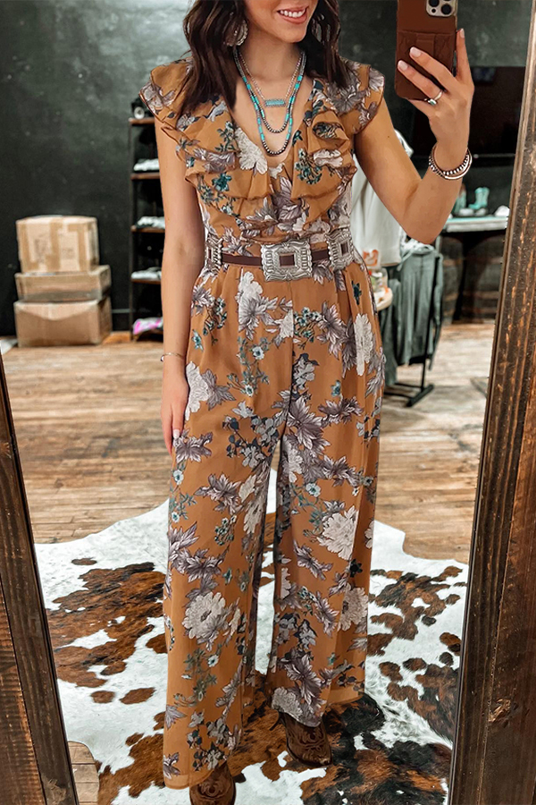 Western-Style Draped Floral Ruffled V-Neck Jumpsuit