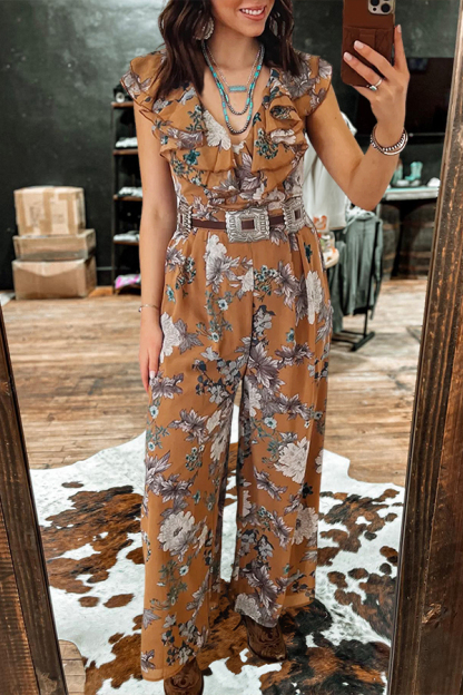 Western-Style Draped Floral Ruffled V-Neck Jumpsuit