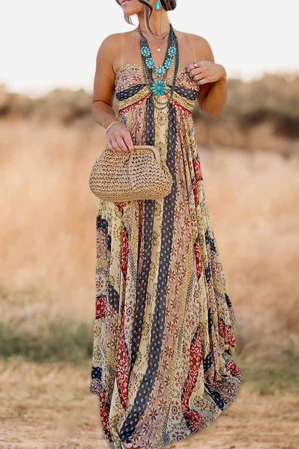 Resort Style Flowy Floral Strapless Maxi Dress