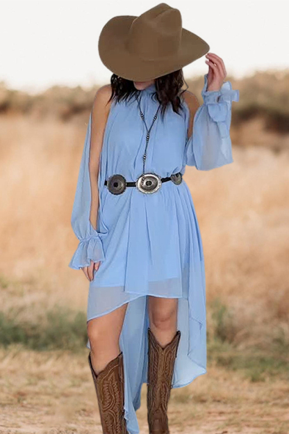 Elegant And Flowy Openwork Ruched Ruffle-Sleeve Dress