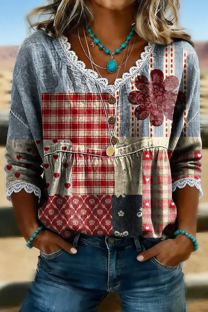 Retro Plaid Patchwork Crochet Ruched 3/4-Sleeve Shirt