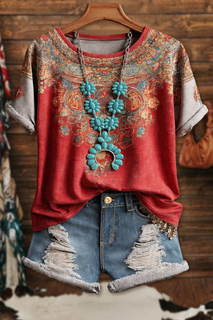 Ethnic Floral Patchwork Crew-Neck Tee