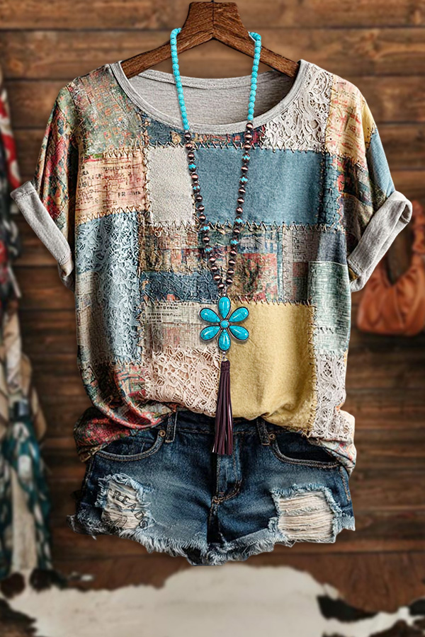 Multicolor Artistic Floral Crew-Neck Tee