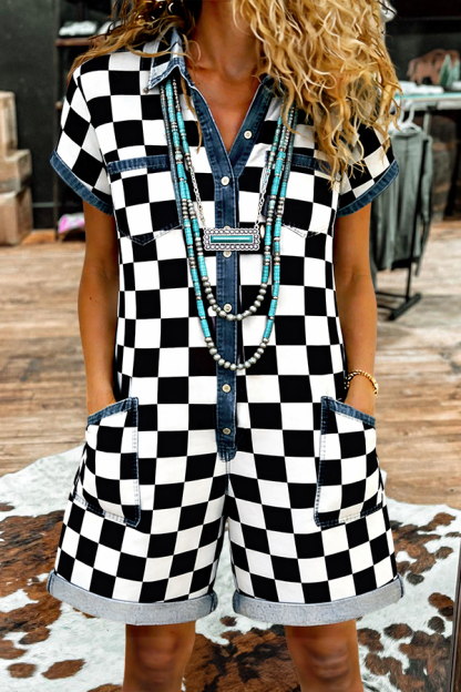 Classic Black & White Plaid Pockets Patchwork Romper