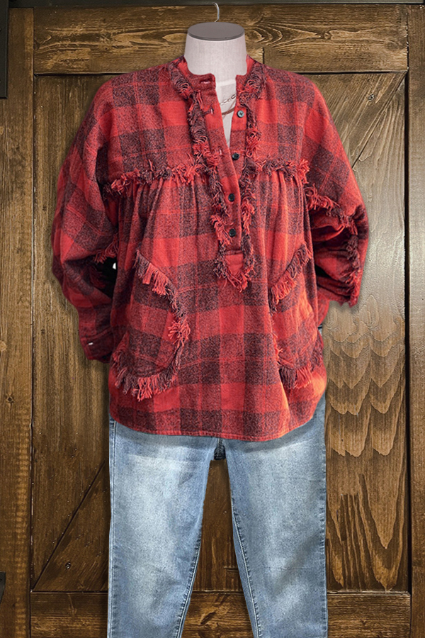 Vintage Frayed Paneled Plaid Button Top