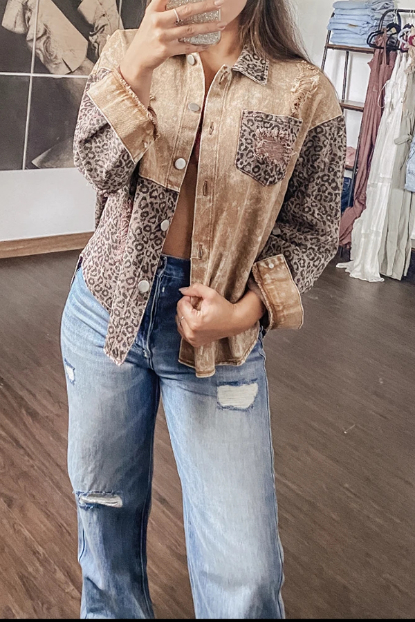 Leopard Print Panelled Ripped Denim Jacket