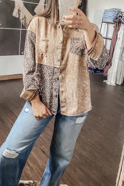 Leopard Print Panelled Ripped Denim Jacket