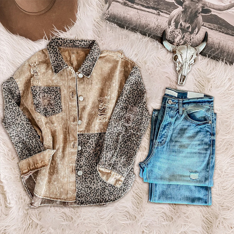 Leopard Print Panelled Ripped Denim Jacket