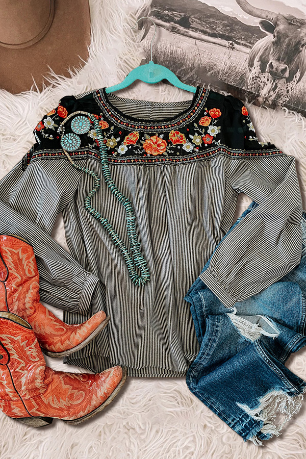 Black Floral Embroidery Striped Shirt