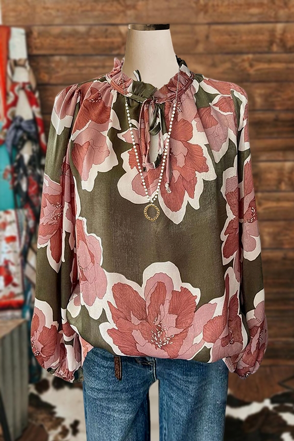 Flower Printed Pleated Ruffle Casual Top