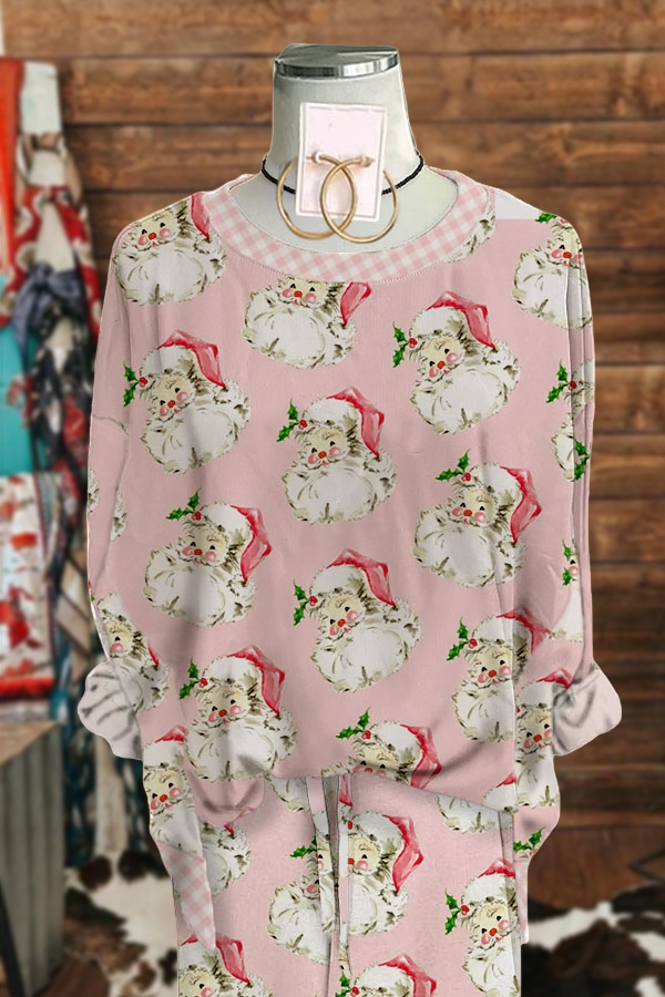 Casual Santa Paneled Plaid Print Pajamas