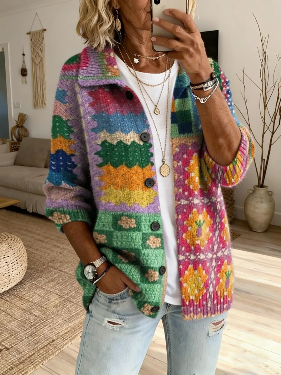 Women's Ethnic Floral Patchwork Print Button Comfortable Knit Cardigan