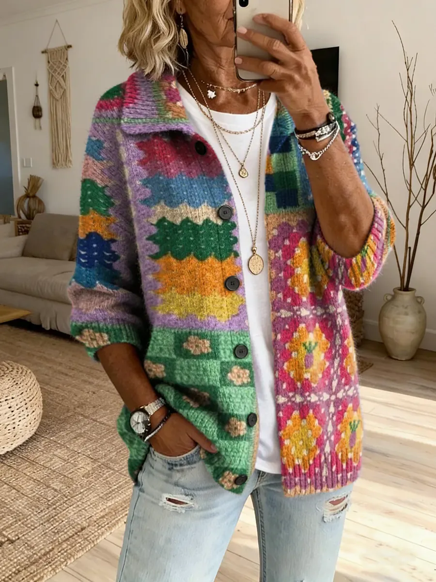 Women's Ethnic Floral Patchwork Print Button Comfortable Knit Cardigan