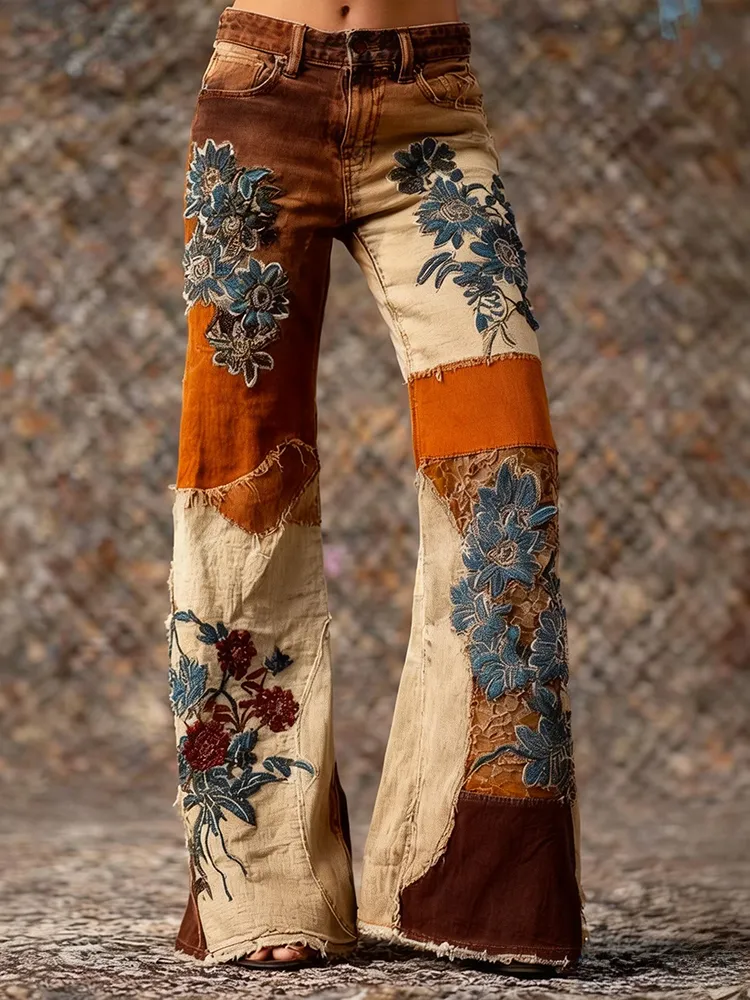 Women's Retro Bohemian Floral Art Print Casual Jeans