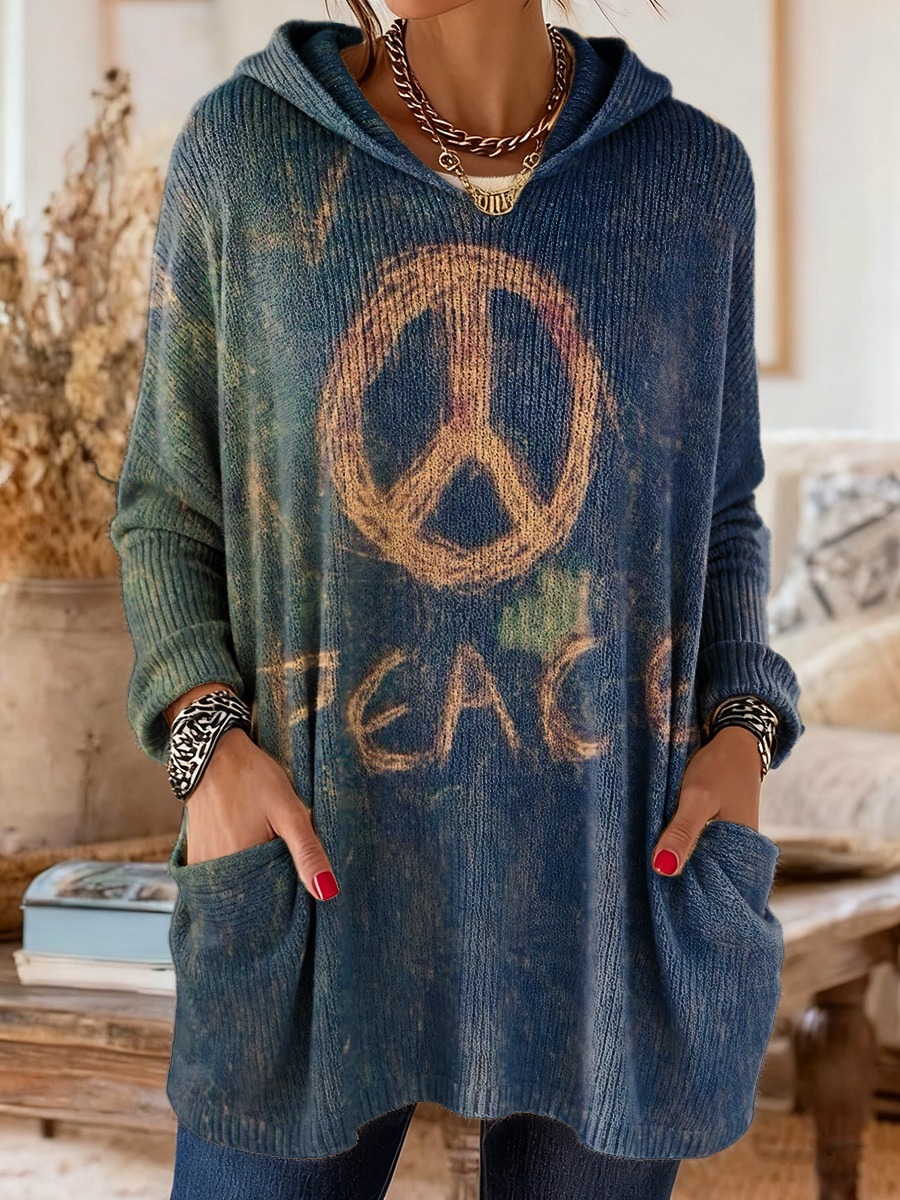 Women's Vintage Hippie Peace Art Print Casual Long-Sleeve T-Shirt