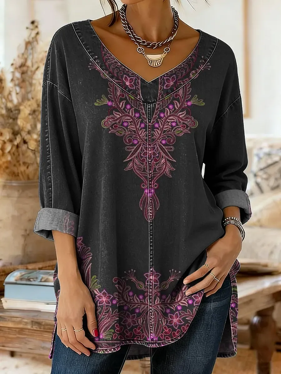 Retro Ethnic Pattern Art Print Casual Washed Denim Cotton Top
