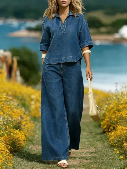 Women's Loose Denim Top And Wide-leg Jeans Set