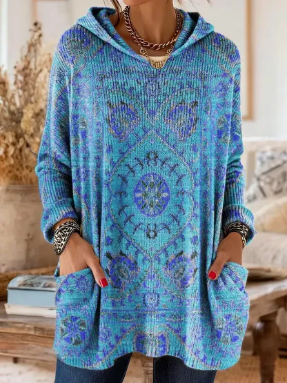 Women's Retro Ethnic Totem Art Print Casual Knitted Pocket Hooded Tunic Top