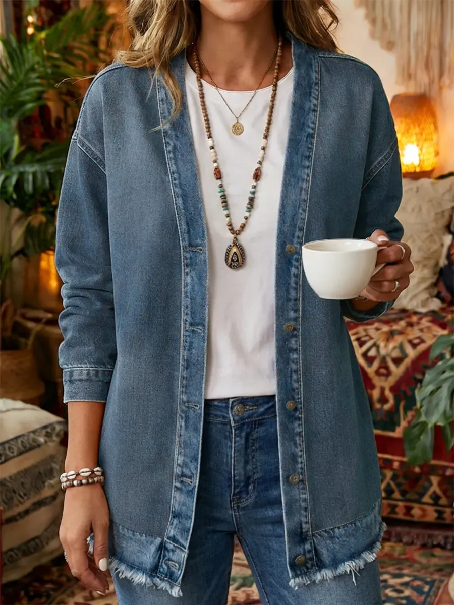 Women's Art Print Casual Long Sleeve Denim Shirt Coat