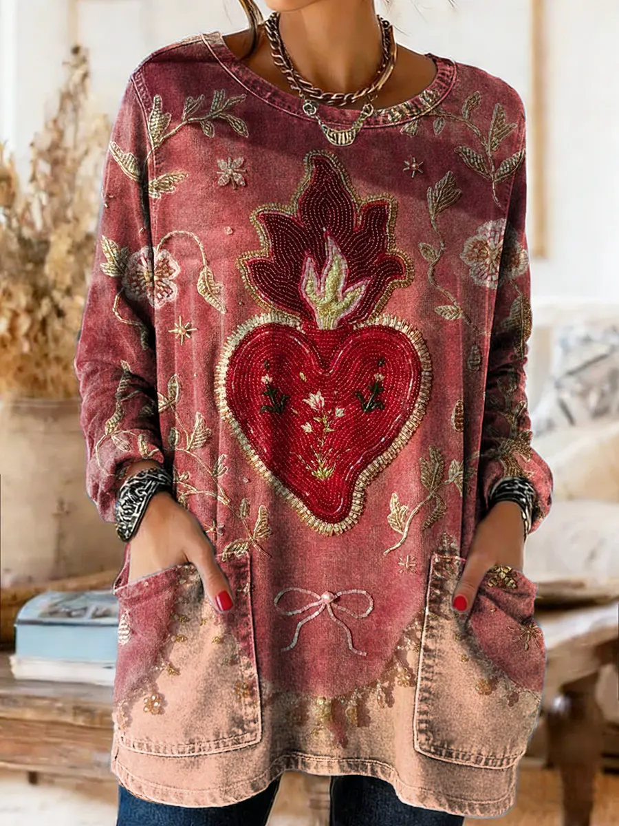 Women's Artistic Heart Pattern Printed Casual Long-sleeve Crew Neck Pocket Cotton Denim T-shirt
