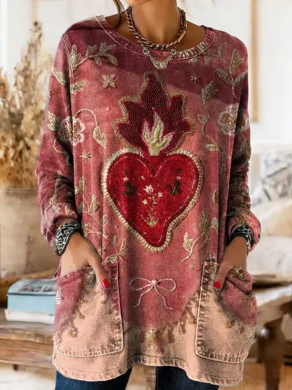 Women's Artistic Heart Pattern Printed Casual Long-sleeve Crew Neck Pocket Cotton Denim T-shirt