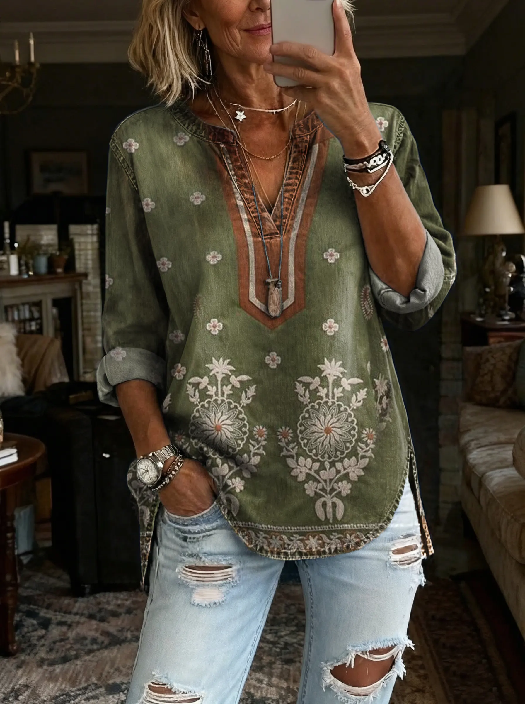 Women's Bohemian Ethnic Tattoo Floral Art Print Casual V-Neck Washed Cotton Denim Top