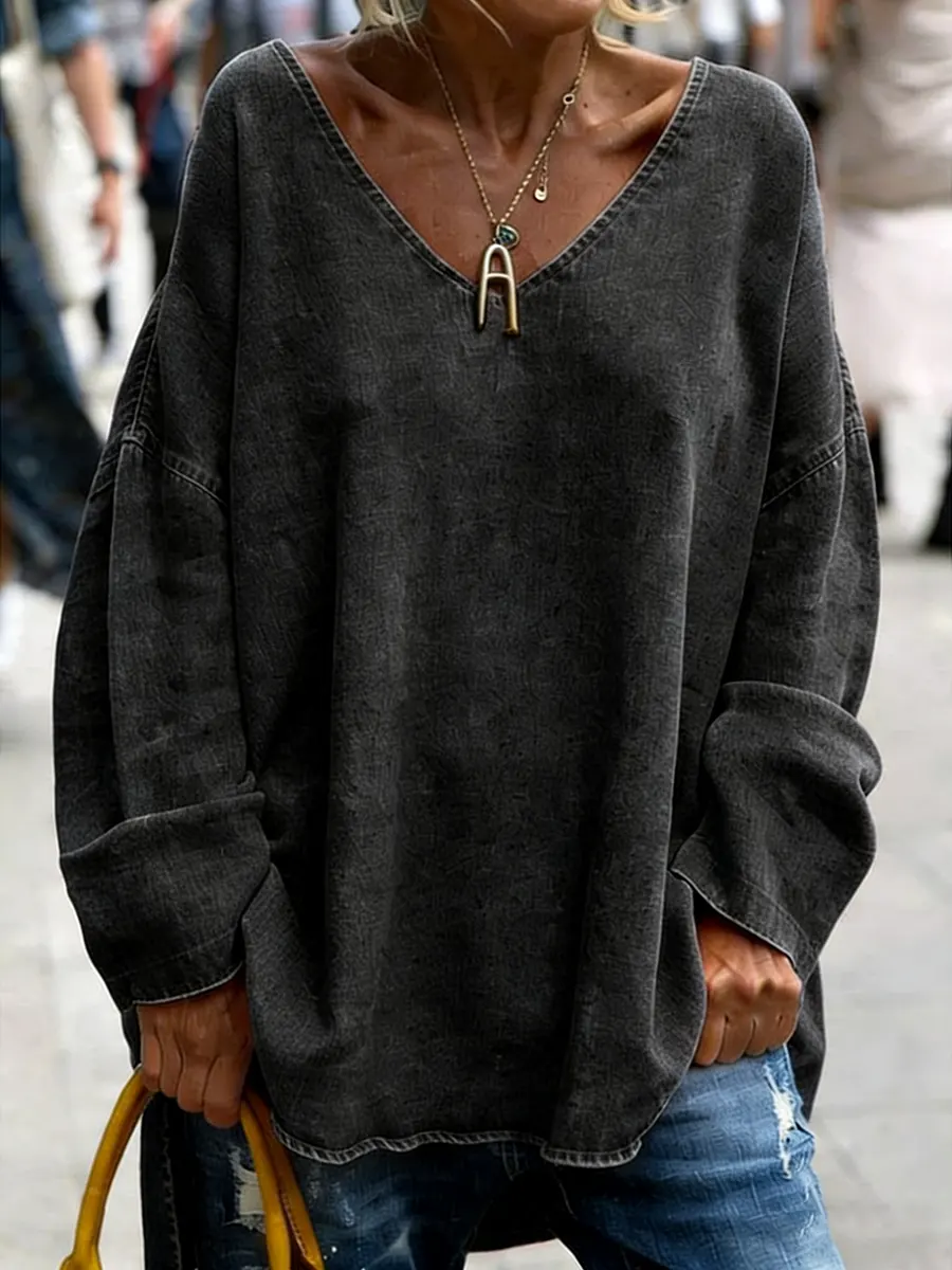 Women's Casual V-neck Long-sleeved Cotton Denim Top
