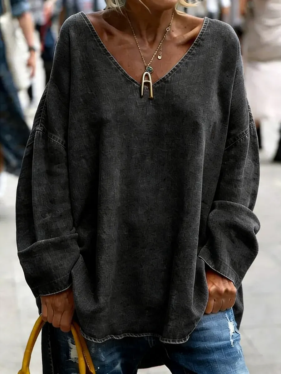 Women's Casual V-neck Long-sleeved Cotton Denim Top