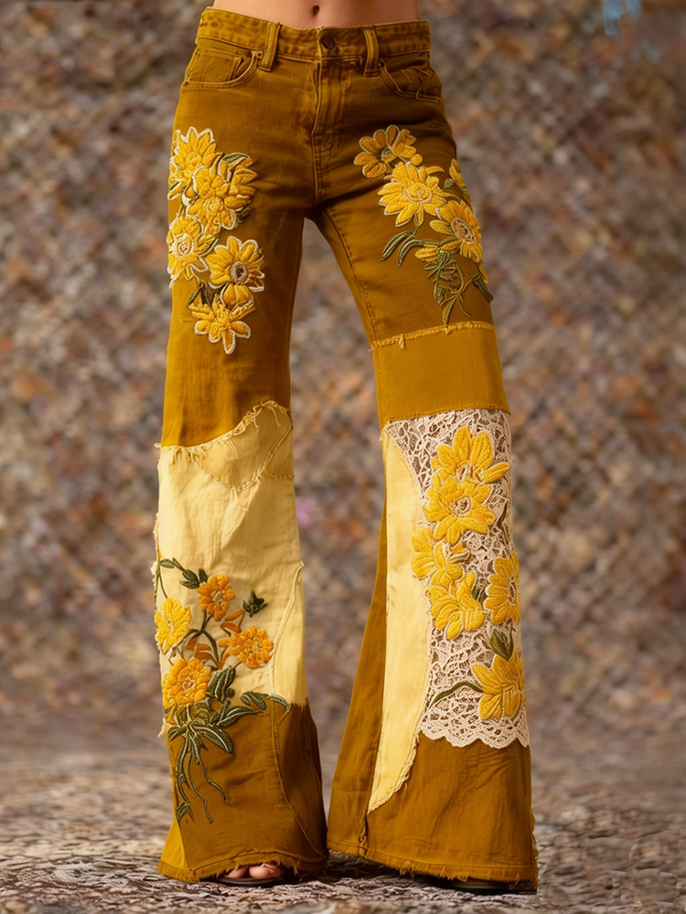 Women's Retro Bohemian Floral Art Print Casual Jeans