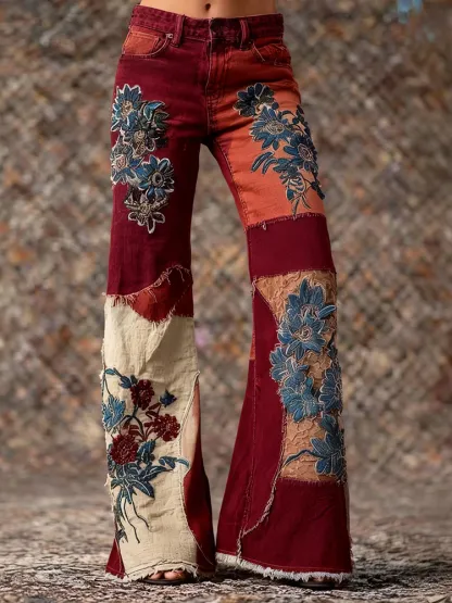 Women's Retro Bohemian Floral Art Print Casual Jeans