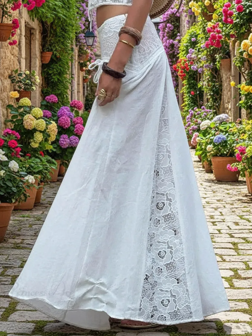 Women's Solid Color Casual High Waist Lace Splicing Long Skirt Half-bo