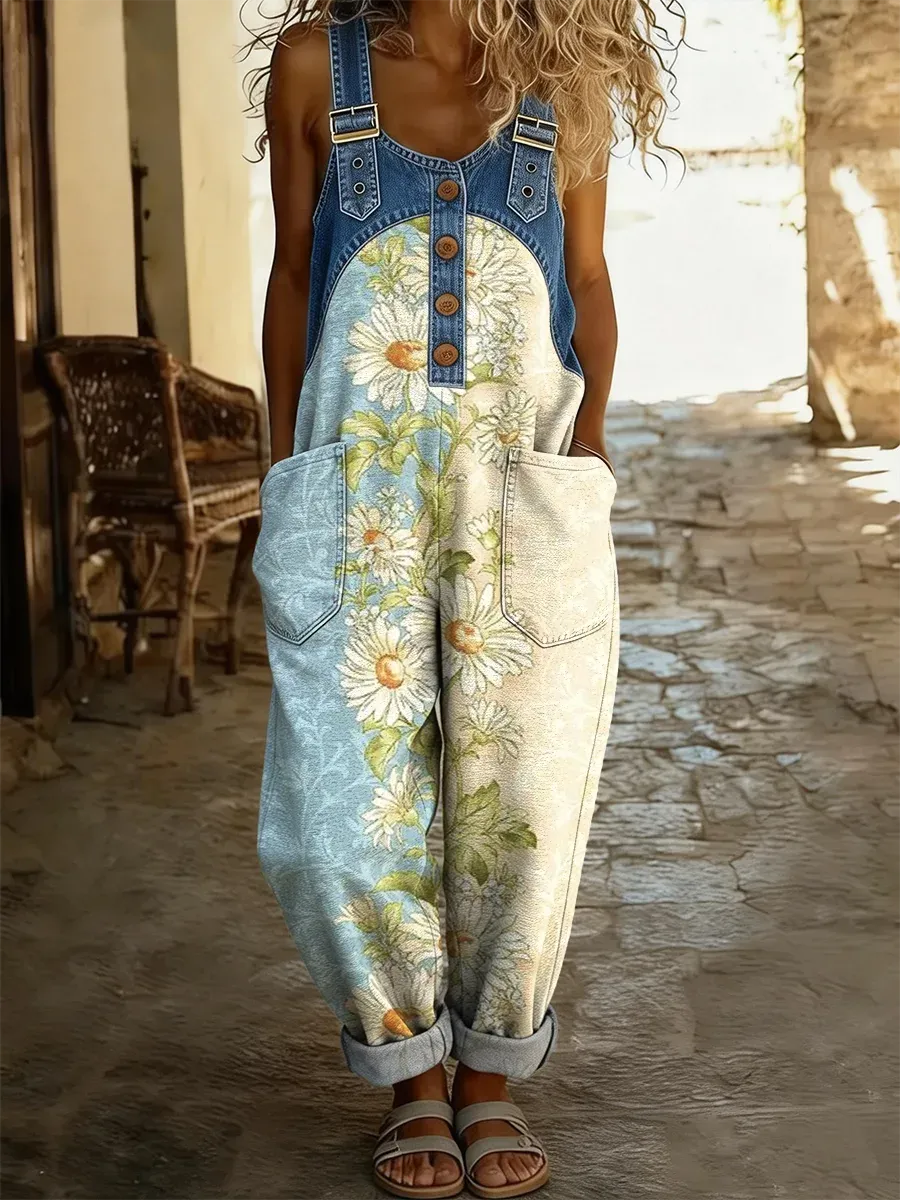 Women's Vintage Daisy Color Crash Art Prints Casual Patchwork Denim Su