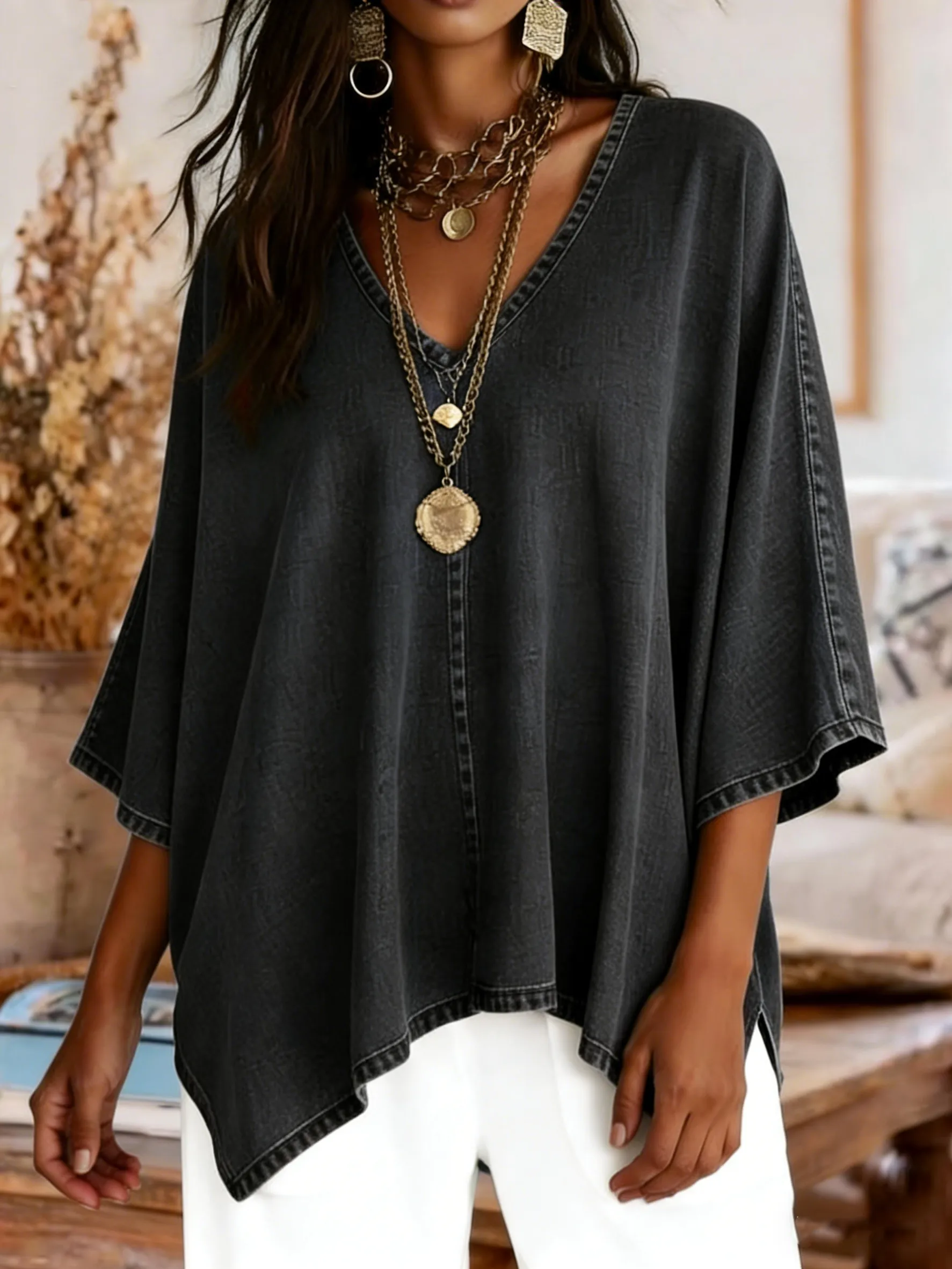 Women's Casual Washed Cotton Denim Top