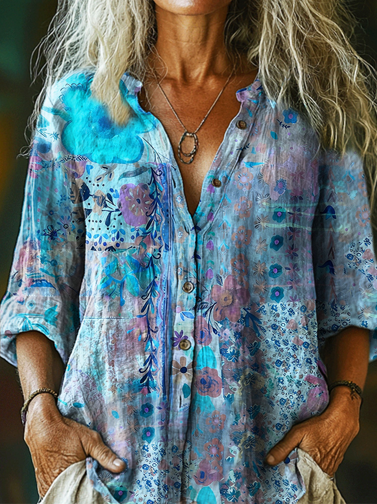 Women's Vintage Watercolor Flower Collage Art Print Casual Cotton And Linen Shirt