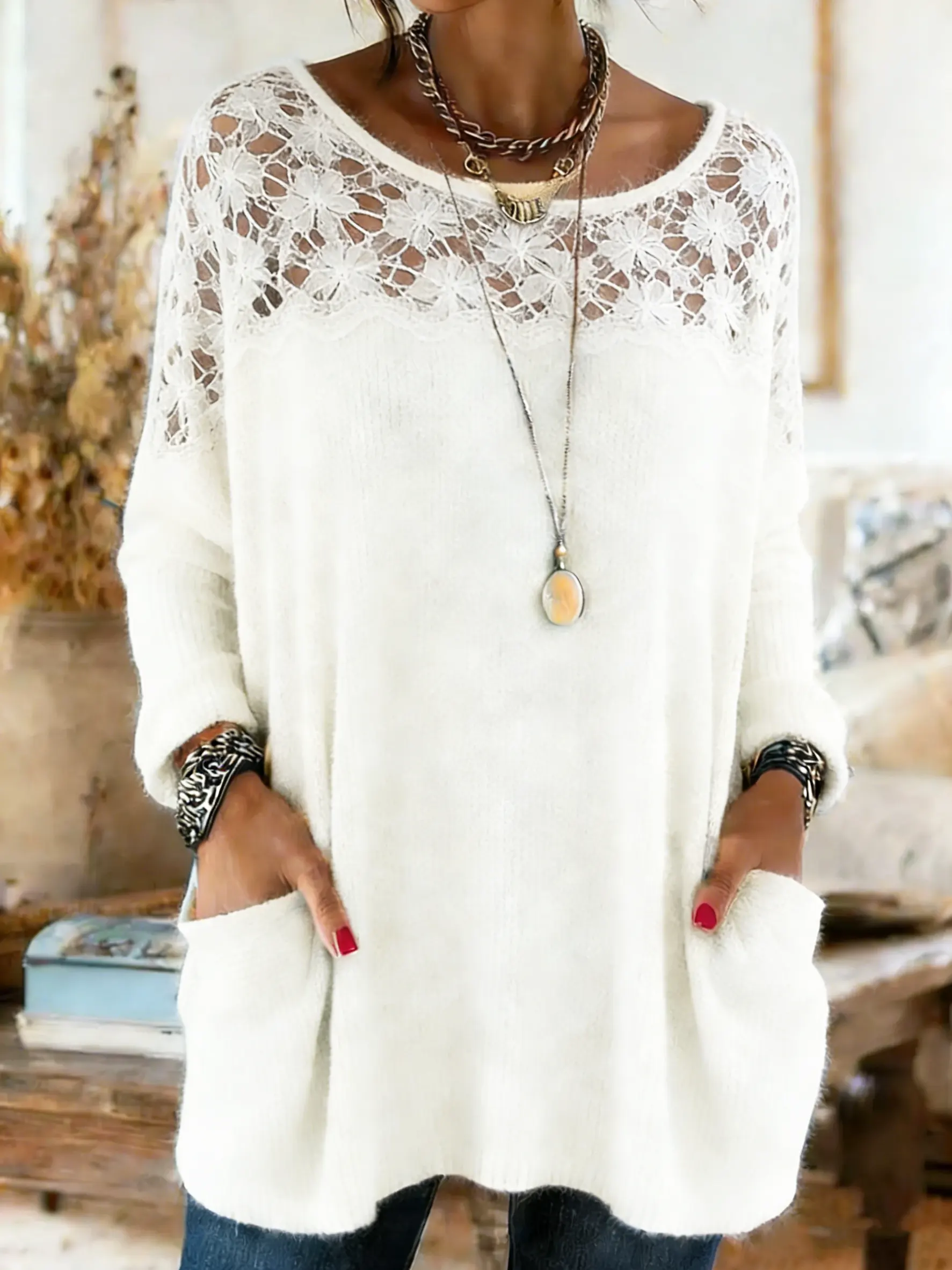 Women's Lace Patchwork Long Sleeve Crew Neck Pocket Sweater