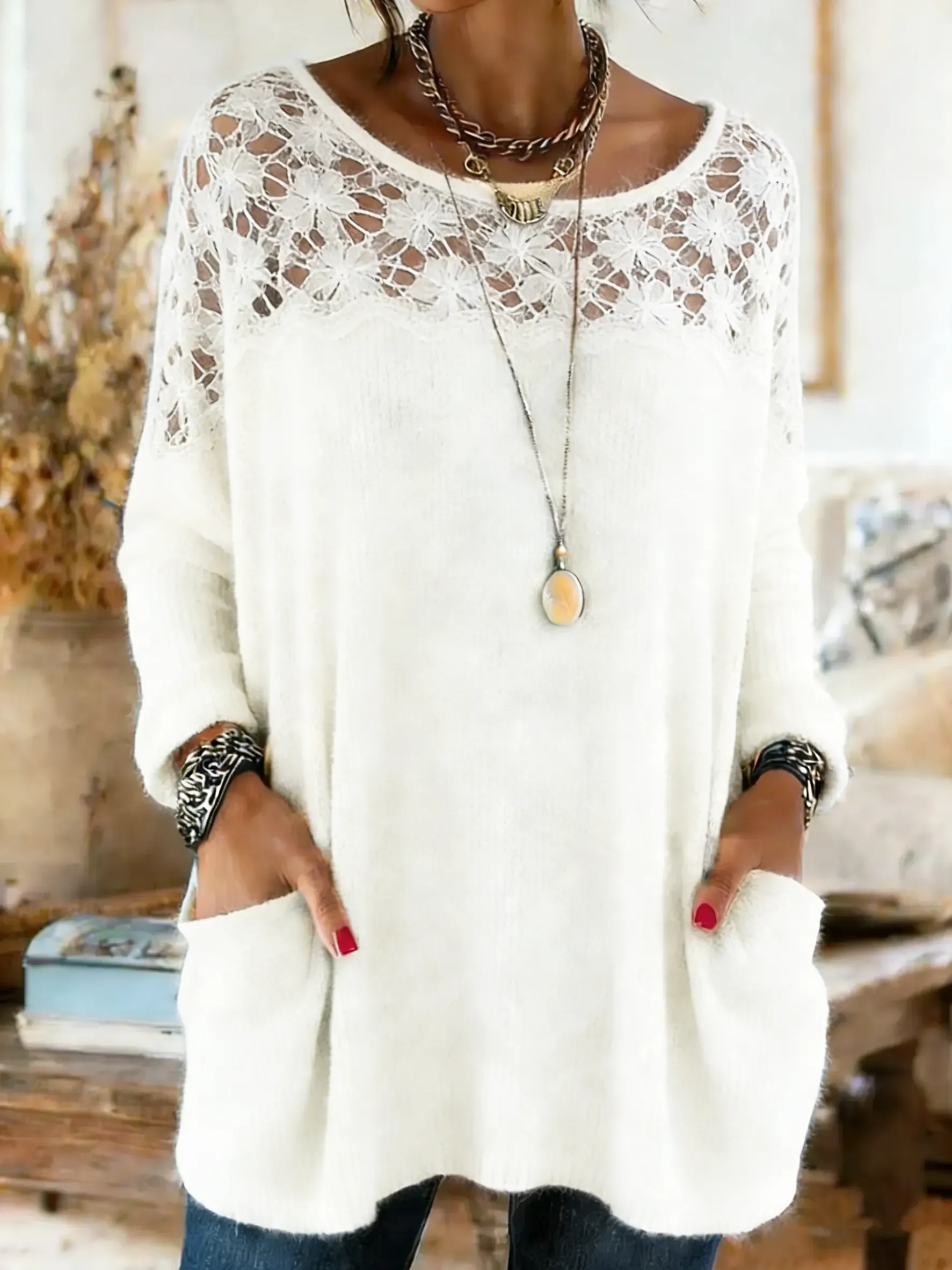 Women's Lace Patchwork Long Sleeve Crew Neck Pocket Sweater