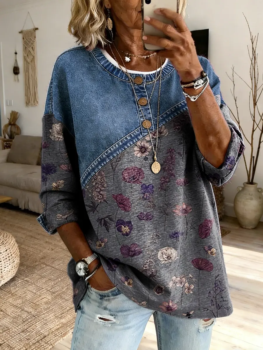 Women's Floral Art Print Crew Neck Button-Up Denim Patchwork Top