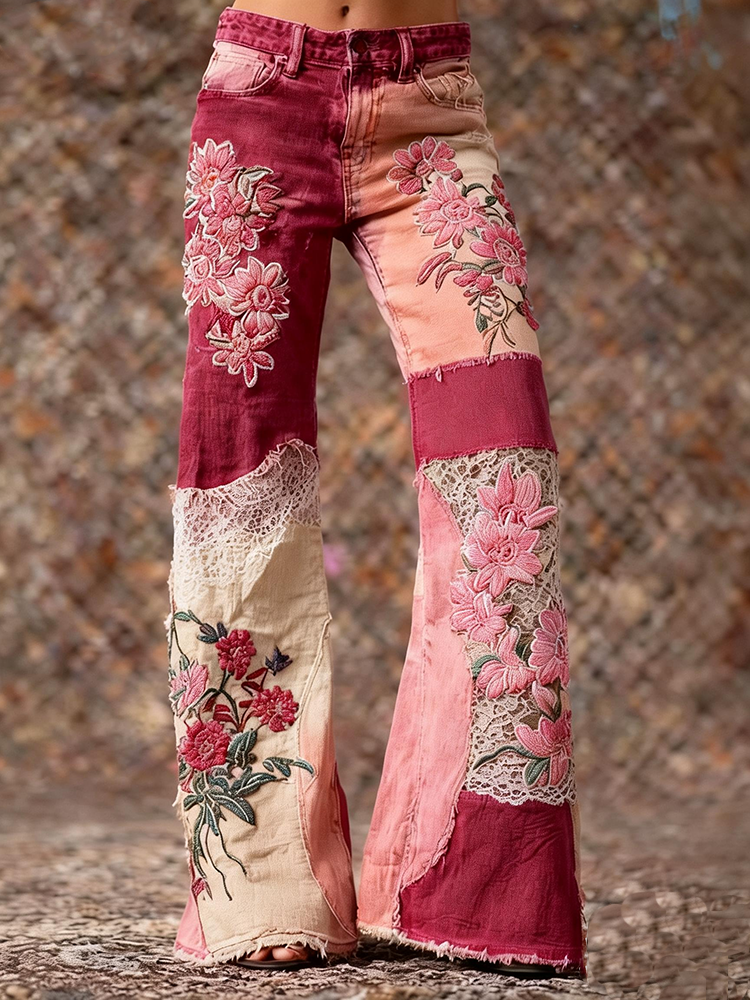 Women's Retro Bohemian Floral Art Print Casual Jeans