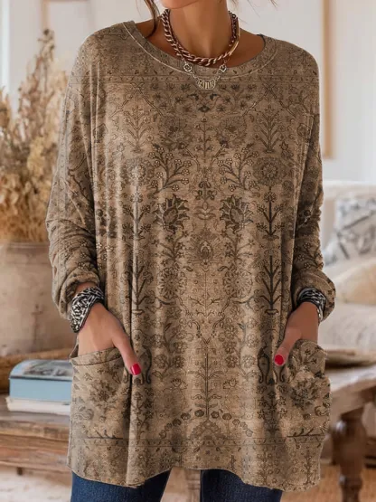 Women's Retro Ethnic Art Print Casual Long-Sleeve Round Neck Cotton T-Shirt