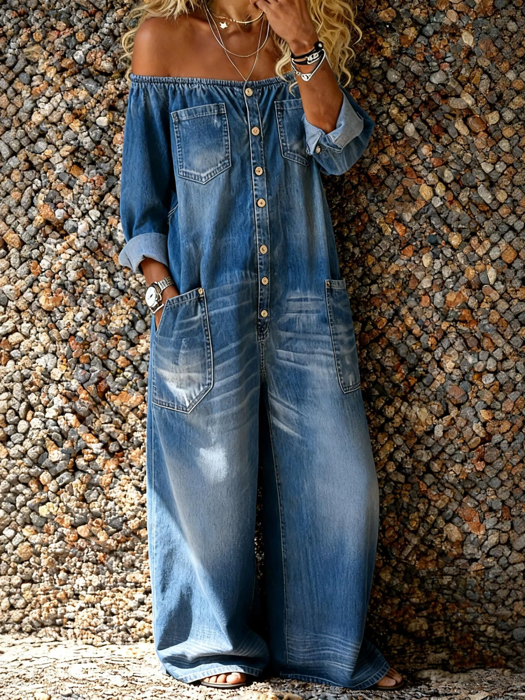 Women's Casual Long-sleeved Washed Cotton Denim Jumpsuit