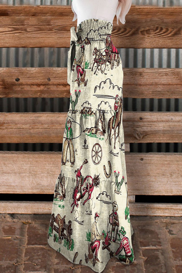 Vintage Wild West Cowboys Print Tiered Palazzo Pants